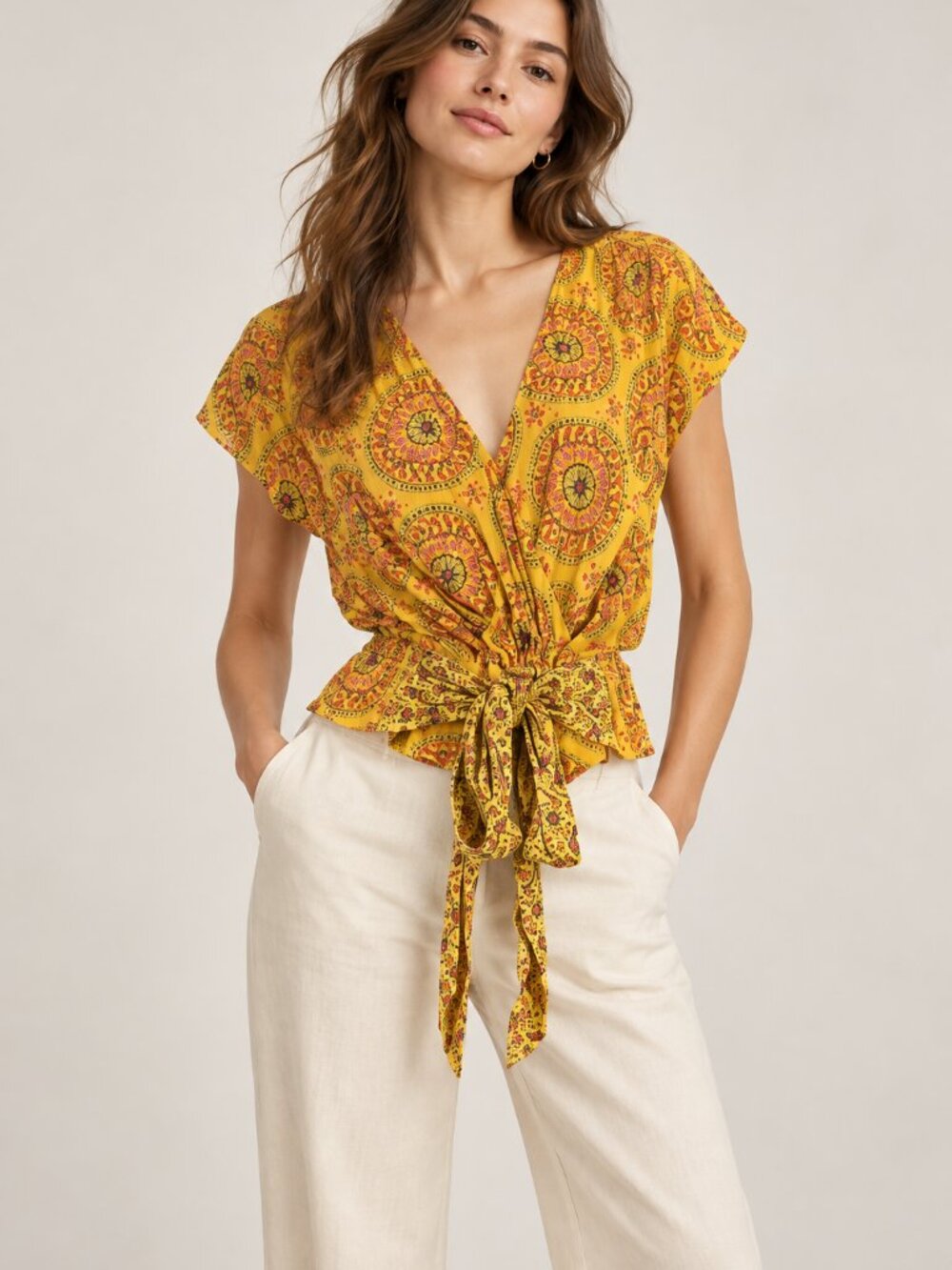 Maeve Yellow Paisley Plunge Tie Front Blouse Size XS